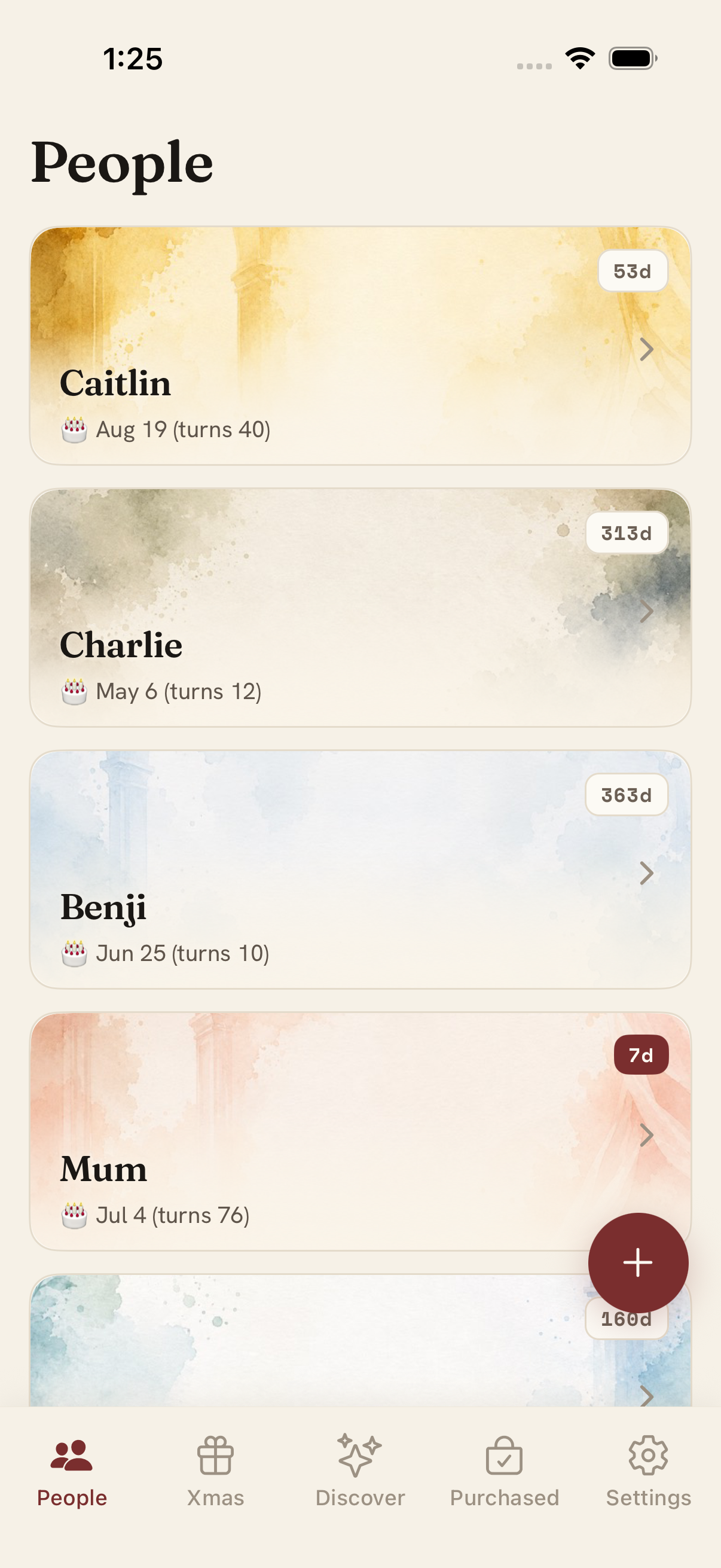 My Gift Lists People tab — a card for everyone you love