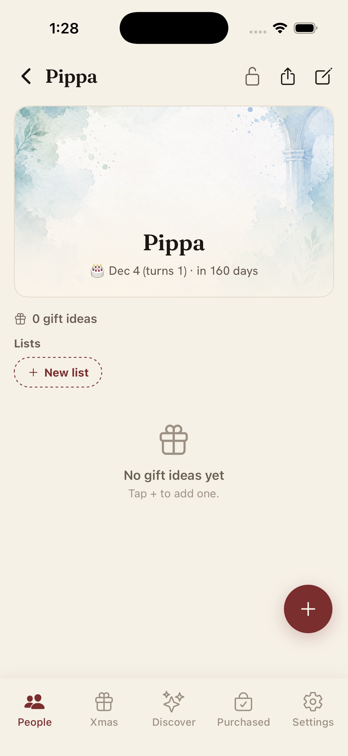 A person's page with their gift ideas and birthday countdown